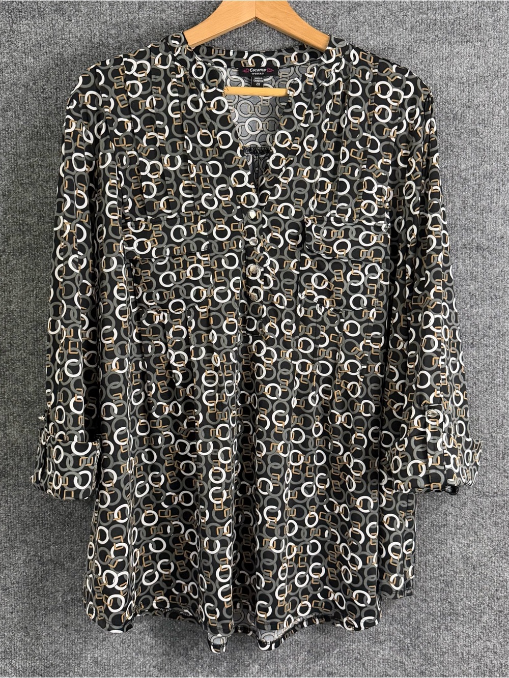 Cocomo Womens 2X Top Geometric Print 3/4 Sleeve V Neck Office Casual Stretch
